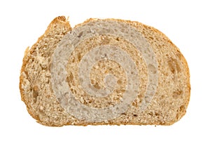 Slice of whole wheat bread on a white background