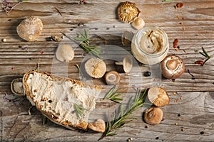 slice of wild mushroom pate on the wooden table