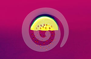 Slice of yellow watermelon with brown seeds on light shade of wildberry background. Summer Color Trends, Attention-grabbing