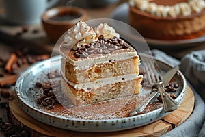 A slice of Zuppa Inglese cake on a plate with a fork