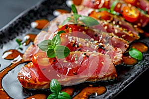 Sliced Ahi Tuna Steak, Slightly Roasted Red Fish Carpaccio with Honey Mustard Sauce