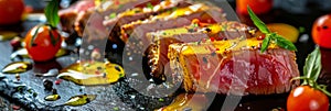 Sliced Ahi Tuna Steak, Slightly Roasted Red Fish Carpaccio with Honey Mustard Sauce