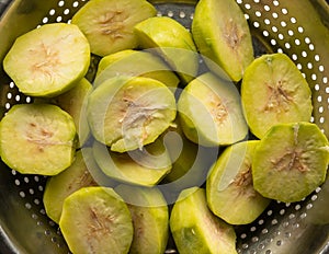 Sliced ambarella or june plum, cut edible fruits