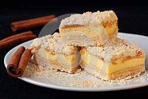 Sliced apple pie made from shortcrust pastry with cottage cheese cream and apple wedges on a white plate on a wooden background