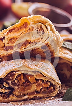 Sliced apple strudel closeup