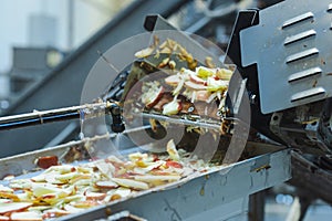 Sliced apples on a conveyor belt in food processing facility