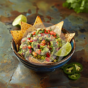 Sliced avocado guacamole, salad with fresh fruits