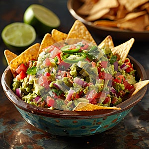 Sliced avocado guacamole, salad with fresh fruits