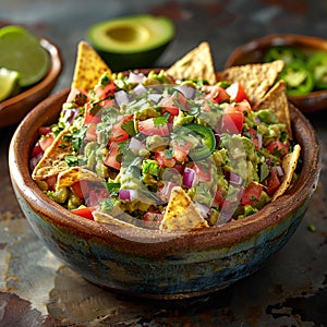 Sliced avocado guacamole, salad with fresh fruits