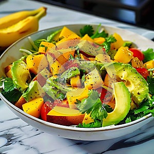 Sliced avocado guacamole, salad with fresh fruits