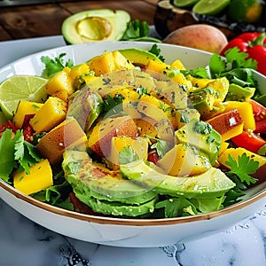 Sliced avocado guacamole, salad with fresh fruits