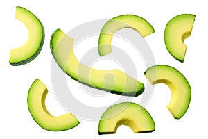 sliced avocado with leaves isolated on white background. top view photo