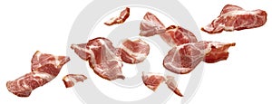 Sliced bacon isolated on white background, falling ham strips