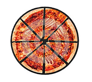 Sliced BBQ pizza with ham, bbq sauce, bacon and salami on a black slate platter, isolated on white background