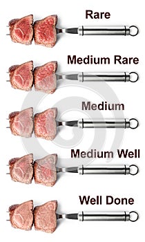 Sliced beef tenderloins with different degrees of doneness on white background, top view