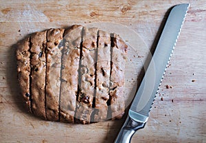 Sliced Biscotti, Italian cookies with bread knife