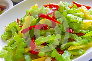 Sliced Bitter melon bitter gourd salad close up