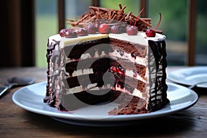 sliced black forest gateau showing layers inside