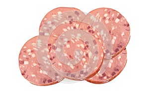 Sliced boiled ham sausage isolated on white