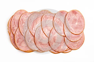 Sliced boiled ham sausage isolated on white background, top view