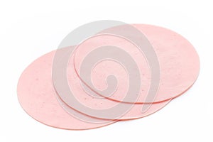 Sliced boiled ham sausage isolated on white background, top view