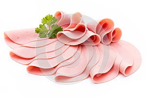 Sliced boiled ham sausage isolated on white background, top view