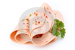 Sliced boiled ham sausage isolated on white background, top view