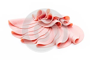 Sliced boiled ham sausage isolated on white background, top view