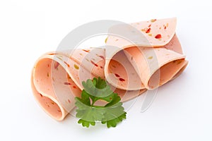 Sliced boiled ham sausage isolated on white background, top view