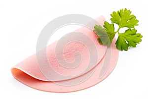 Sliced boiled ham sausage isolated on white background, top view