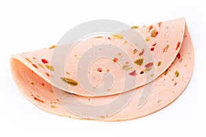 Sliced boiled ham sausage isolated on white background, top view