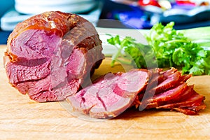 Sliced Braised Beef Shank on cutting board