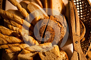 Sliced bread on basket closeup