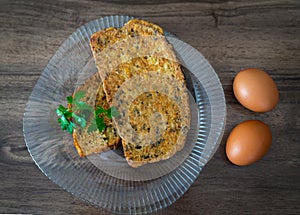 Sliced bread covered eggs Yumurtali ekmek for breakfast