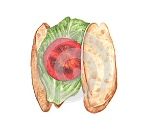 Sliced bread, tomato and lettuce leaves. Sandwich and vegetable. Watercolor