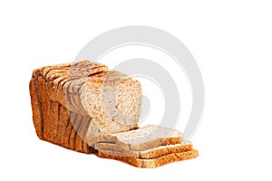 Sliced brown loaf isolated on high key background