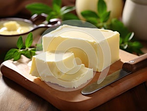 Sliced butter on a wooden cutting board with a knife. The concept is fresh dairy produce in food preparation