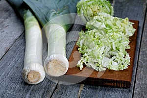 Sliced cabbage and shallots on a table
