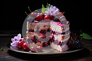 Sliced cake on a plate decorated with cherries, blackberries and flowers, dark wooden table
