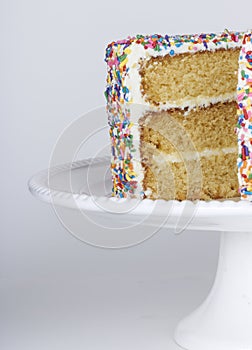 A sliced cake with sprinkles