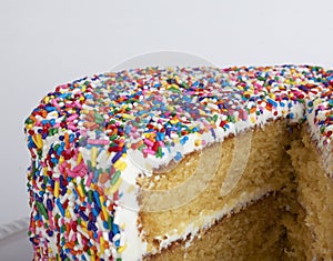 A sliced cake with sprinkles