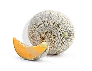 Sliced cantaloupe - Close up, clipping path, cut out. Beautiful tasty fresh ripe rock cantaloup melon fruit with seeds isolated on