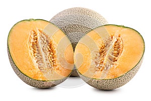 Sliced cantaloupe - Close up, clipping path, cut out. Beautiful tasty fresh ripe rock cantaloup melon fruit with seeds isolated on