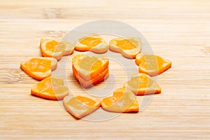 Sliced carrot on cutting board preparated for cooking
