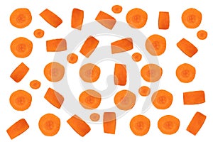 Sliced carrots background. Orange pattern of fresh sliced carrots isolated on a white background. Vegetable food