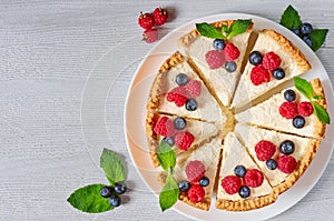 Sliced cheesecake with fresh berries on the white plate - healthy organic dessert. Classic New York cheese cake