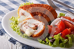 Sliced Chicken cordon bleu and salad close-up. horizontal