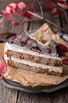 Sliced Chocolate biscuit cake with coconut cream.