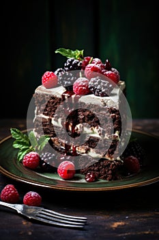 Sliced chocolate cake decorated with strawberry, rapsberries on top, dark wooden table background