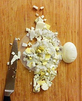 Sliced and chopped eggs